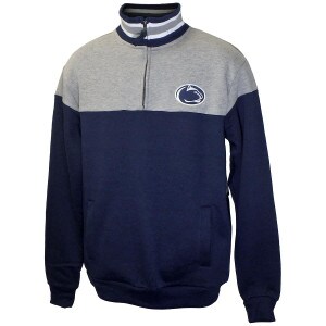 navy and gray 1/4 zip sweatshirt with trick-color collar and Athletic Logo on left chest